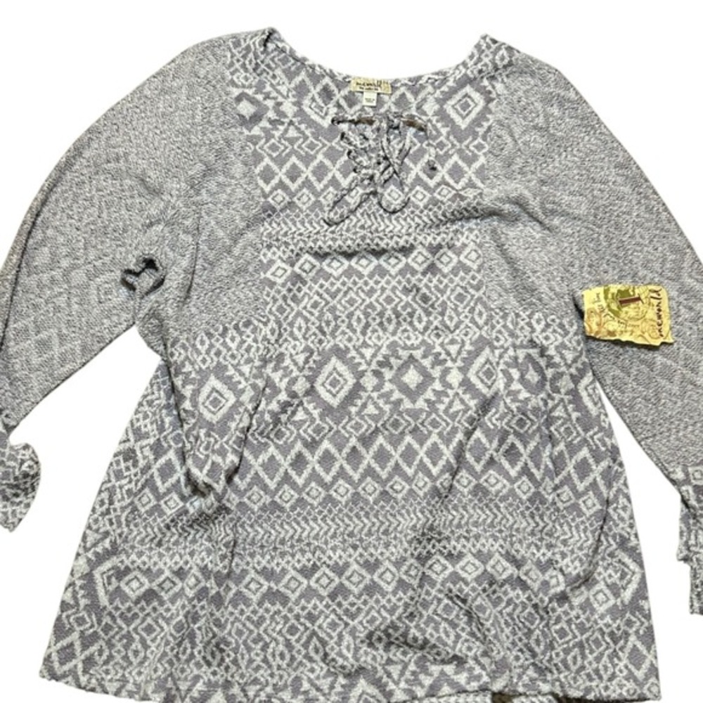 One World Aztec Print Lace Up Sweater‎ Long Sleeve Gray White Womens 3X
